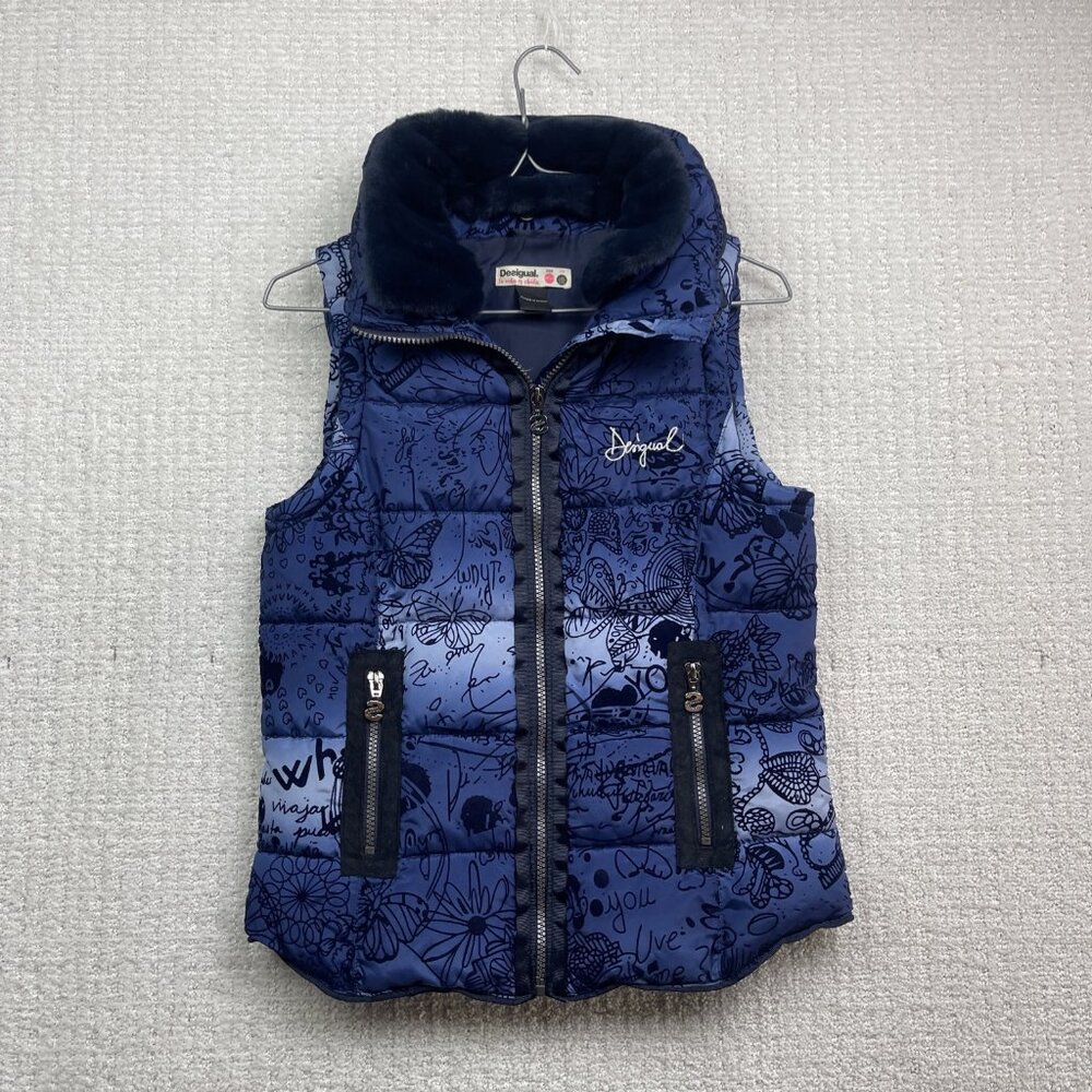Desigual Puffer Vest Girls Sz 11-12 Multicolor Floral AOP Full Zip Winter Jacket